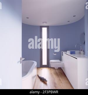 Salle de bains bleu frais avec lavabo sur placard et baignoire, Architectes: Architectes: Barnaby Gunning Banque D'Images