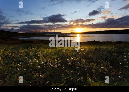 Un coucher de soleil sur le Loch na Cille jusqu'à la péninsule de Keillmore, vue depuis Danna, Knapdale, Argyll & Bute, Écosse, Royaume-Uni Banque D'Images