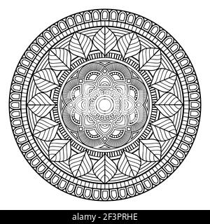 Livre de coloriage pour adultes relaxant et méditant, symbole hindou, vecteur henné noir et blanc rond mandala. Illustration de Vecteur