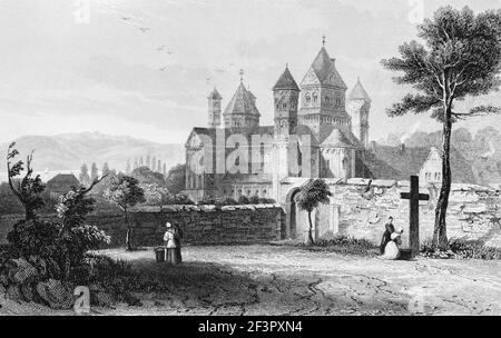 Couvent bénédictin roman de Laach, au large du Rhin fondé en 1093, Rhin, Rhénanie-Palatinat, Allemagne, gravure en acier de 1832 Banque D'Images