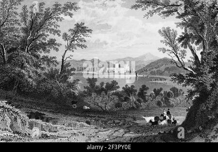 Couvent bénédictin roman de Laach sur le lac Laach fondé en 1093, Rhin, Rhénanie-Palatinat, Allemagne, gravure en acier de 1832 Banque D'Images