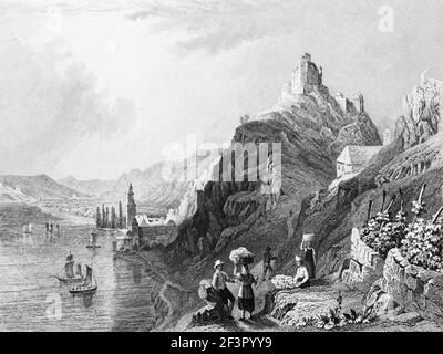 Braubach et le Marksburg au sommet de la colline, vignobles sur la pente en terrasse, Rhin, Rhénanie-Palatinat, Allemagne, gravure en acier de 1832 Banque D'Images