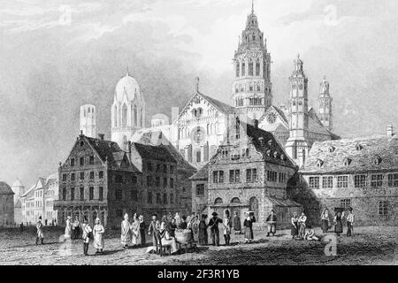 Cathédrale romane de Mayence avec tour baroque, Rhin, Rhénanie-Palatinat, Allemagne, gravure en acier de 1832 Banque D'Images