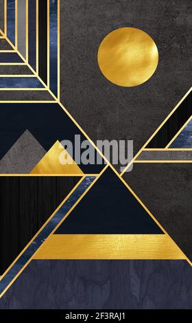 papier peint mural moderne 3d . lignes dorées et fond en marbre foncé . cadres modernes muraux 3d pour impression sur toile . Soleil doré et lignes, TRIANG moderne Banque D'Images