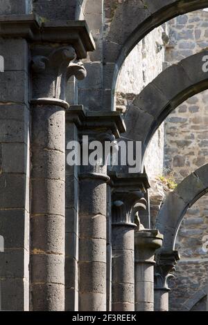 Rangée de colonnes aux capitales en forme de feuilles dans les ruines de l'abbaye d'Arnsburg, Lich, Hesse, Allemagne Banque D'Images