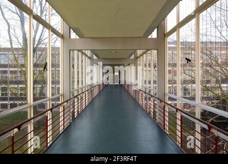 Passage de verre entre les bureaux et l'entrepôt de Vereinigten Seidenwebereien par Egon Eiermann 1951-56, Krefeld, Rhénanie-du-Nord-Westphalie, Allemagne Banque D'Images