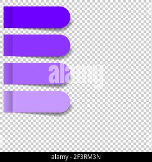 Ensemble de morceaux violets d'autocollants et de signets arrondis isolés sur un fond transparent. Séparer les morceaux de ruban adhésif plat illustration réaliste. Illustration de Vecteur