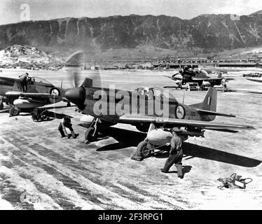 Le 1er mai 1951, les combattants de Mustang F-51D nord-américains du 2e Escadron de la Force aérienne sud-africaine en Corée. Banque D'Images