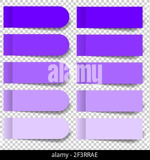 Ensemble de morceaux violets d'autocollants et de signets arrondis isolés sur un fond transparent. Séparer les morceaux de ruban adhésif plat illustration réaliste. Illustration de Vecteur