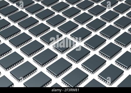 De nombreuses puces sur fond blanc. Rendu 3d haute résolution. Famille de micropuces. Génération de processeurs. Banque D'Images