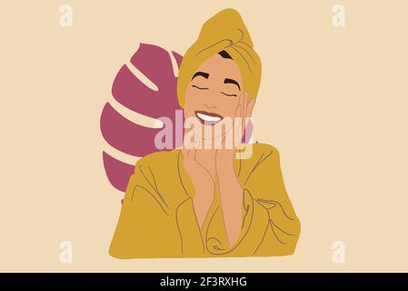 Jolie femme souriante appréciant après le spa dans un peignoir jaune et une serviette avec une feuille de palma rose sur le fond. SOIN SPA et bien-être. Illustration vectorielle. Illustration de Vecteur