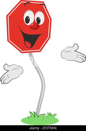 Personnage de dessin animé d'un signal de trafic octogonal en rouge, isolé sur fond blanc. Arrêt obligatoire. Illustration de Vecteur