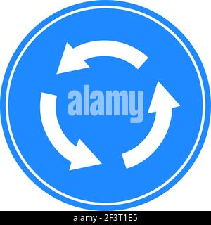 Signal de circulation arrondi en bleu et blanc, isolé sur fond blanc. Intersection de sens de rotation obligatoire Illustration de Vecteur