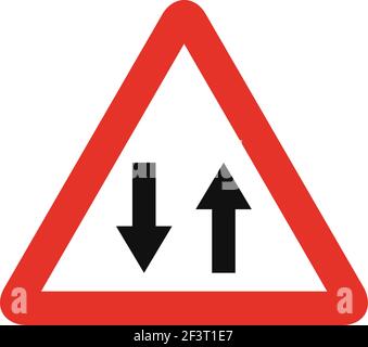 Signal triangulé en blanc et rouge, isolé sur fond blanc. Avertissement de circulation à deux voies tout droit Illustration de Vecteur
