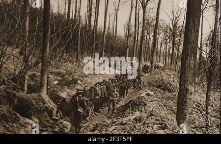 Première Guerre mondiale - les troupes canadiennes s'arrêtent en mars pour se reposer dans un bois en France juste après leur arrivée dans le pays . Banque D'Images