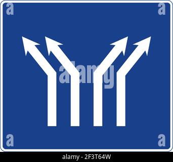 Signal de circulation rectangulaire en bleu et blanc, isolé sur fond blanc. Sur une route à quatre voies Illustration de Vecteur