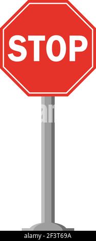Signal de circulation octogonal en rouge avec texte sur blanc, avec bâton et isolé sur fond blanc. Arrêt obligatoire. Texte en anglais Illustration de Vecteur