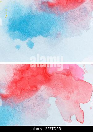 Gros plan de deux dégradés d'aquarelle abstraits rouge et bleu clair qui remplissent les arrière-plans avec des taches d'aquarelle. Deux textures de papier haute résolution plein format Banque D'Images