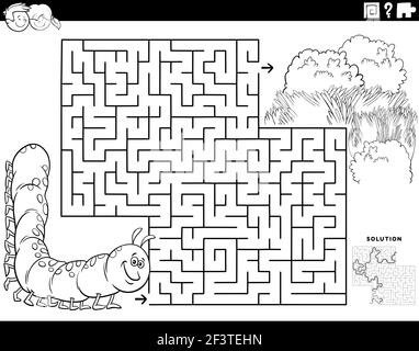 Illustration de dessin animé noir et blanc du jeu de puzzle éducatif de labyrinthe pour les enfants avec le caractère caterpillar et le livre vert de coloriage de prairie page Illustration de Vecteur