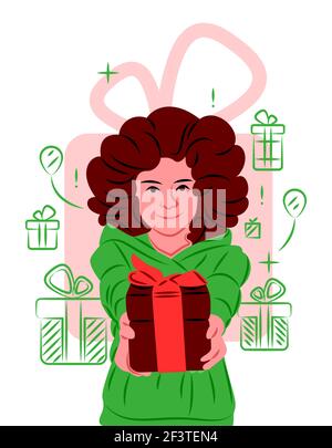 Fille vectorielle avec un cadeau dans l'ombre de lignes nettes style Illustration de Vecteur