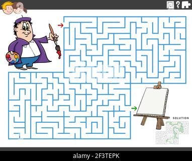 Dessin animé illustration du jeu de puzzle éducatif de labyrinthe pour les enfants avec peintre et chevalet Illustration de Vecteur