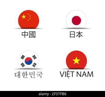 Chine, Japon, Corée du Sud et Vietnam. Lot de quatre autocollants chinois, japonais, coréen et vietnamien. Icônes simples avec drapeaux isolés sur un dos blanc Illustration de Vecteur