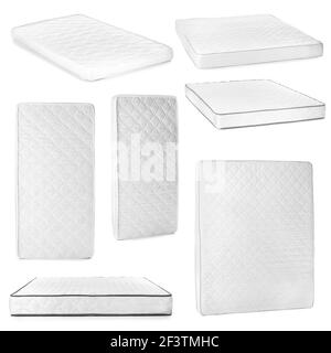 Ensemble de matelas orthopédiques modernes sur fond blanc Banque D'Images