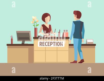 Client à la réception. Concept vectoriel en style plat. Service de réception, bureau de réception, bureau de réception d'affaires, illustration de l'hôtel réceptionniste Illustration de Vecteur