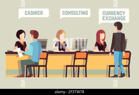 Intérieur de banque avec caissière, consultation, change de devises. Concept de vecteur bancaire. Finance bancaire, gestion du personnel intérieur de banque, banque visiteur, interdiction de client Illustration de Vecteur