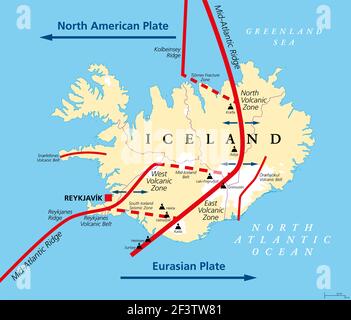 Géologie de l'Islande carte politique. L'Islande se trouve sur la frontière divergente entre la plaque eurasienne et la plaque nord-américaine. Carte avec zones volcaniques. Banque D'Images