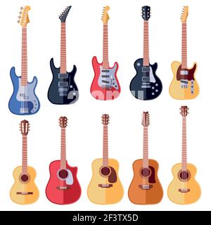 Jeu vectoriel de guitares acoustiques et électriques. Guitare d'instrument, guitare acoustique, guitare de musique électrique, illustration de guitare basse à cordes Illustration de Vecteur