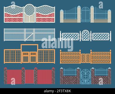 Jeu de vecteurs de clôtures et de portes. Porte et fer de clôture, porte extérieure, métal de clôture d'architecture, porte d'élégance, porte en bois et illustration de clôture Illustration de Vecteur
