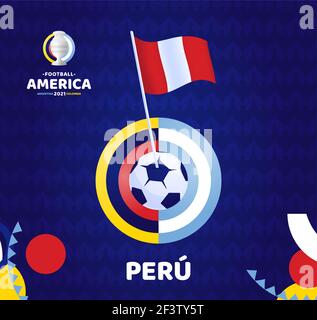 Drapeau de la vague péruvienne sur le poteau et le ballon de football. Amérique du Sud football 2021 Argentine Colombie illustration vectorielle. Modèle de tournoi abckground Illustration de Vecteur