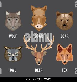 Icônes plates de la tête des animaux. Ensemble d'icônes de conception de cercle d'animaux. Animaux de tête, animaux de visage, animaux de caractère sauvages, illustration vectorielle Illustration de Vecteur