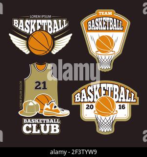 Ensemble d'emblèmes, d'étiquettes, de badges, de logos et de couleurs vectorielles de l'équipe de basket-ball. Étiquette et emblème de basket-ball pour l'illustration du basket-ball Illustration de Vecteur