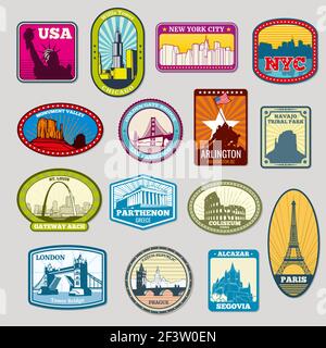 Monuments et monuments célèbres dans le monde entier, étiquettes vectorielles, emblèmes. Voyage touristique, site touristique angleterre, site touristique espagne, site touristique europe, site touristique usa illustrati Illustration de Vecteur