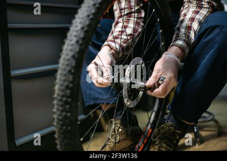 Expertise technique prenant soin de la boutique de vélos. Beau jeune mécanicien fixant la roue de cycle dans l'atelier. Beau réparateur en vêtements de travail servant la montagne Banque D'Images