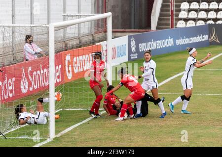 Moron, province de Buenos Aires, Argentine. 17 mars 2021. SPORTS.- 17 mars 2021. Moron, Buenos Aires, Argentine.- Corinthiens (Brésil) et America de Cali (Colombie) jouent la demi finale féminine de football CONMEBOL Copa Libertadores, au stade Deportivo Moron de Moron, province de Buenos Aires, Argentine, le lundi 17 mars, 2021. Credit: Julieta Ferrario/ZUMA Wire/Alay Live News Banque D'Images