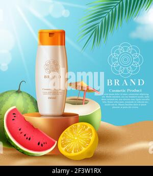 Modèle vectoriel de produit de protection solaire pour cosmétiques. Produits cosmétiques de crème solaire avec des fruits tropicaux comme le citron et l'extrait de pastèque. Illustration de Vecteur