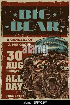 Affiche avec illustration de l'ours style hipster un chapeau et des lunettes Illustration de Vecteur