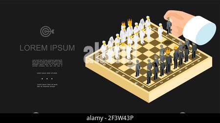 Modèle isométrique d'échecs d'affaires avec des hommes d'affaires en blanc et noir illustration vectorielle de costumes et de manageur de mouvement de main mâle à bord Illustration de Vecteur
