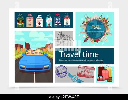 Composition du temps de déplacement à plat avec voyage en voiture célèbre monde images porte-bagages et timbres de différents pays illustration vectorielle Illustration de Vecteur