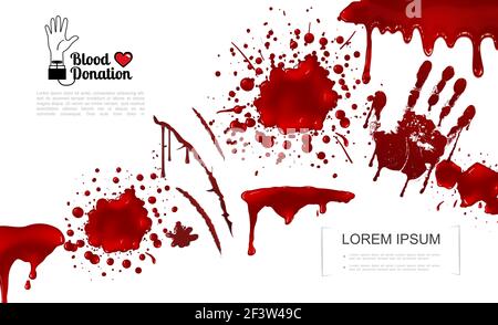 Modèle réaliste d'éléments sanglants avec des éclaboussures de sang splatters taches de buvard gouttes et illustration vectorielle de l'impression manuelle Illustration de Vecteur