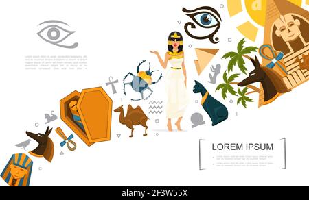 Concept de symboles Égypte plate avec chat égyptien à dos de chameau en croix ankh scarabée le scarabée Anubis Dieu pharaon masque les pyramides de l'œil de Horus sphinx Vecteur de paumes Cleopatra Illustration de Vecteur