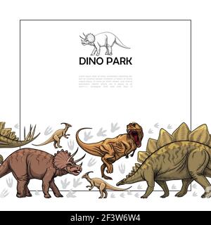 Modèle de reptiles préhistoriques dessinés à la main avec cadre pour texte féroces t-rex parasaurolophus triceratops stegosaurus illustration du vecteur dinosaures Illustration de Vecteur