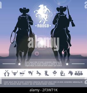 Concept rodéo de cow-boy vintage avec jockeys à cheval et sauvage illustration vectorielle des icônes de l'ouest Illustration de Vecteur