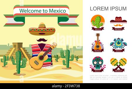 Plat Bienvenue au Mexique concept coloré avec des éléments mexicains traditionnels sur l'illustration du paysage désertique Illustration de Vecteur