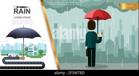 Pluie plate coloré concept avec homme tenant parapluie et debout illustration vectorielle sous la pluie opposée au paysage urbain Illustration de Vecteur