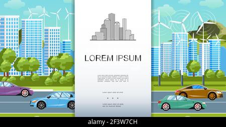 Concept de paysage urbain écologique plat avec bâtiments modernes et gratte-ciel arbres verts éoliennes automobiles électriques en mouvement sur vecteur routier illustration Illustration de Vecteur