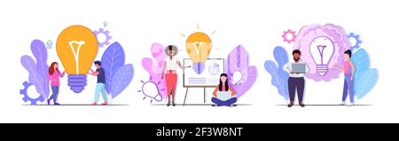 mettez les hommes d'affaires à la porte d'une ampoule lumineuse pour un travail d'équipe réussi et des solutions créatives de grande envergure idée brainstorming concepts collection mix race hommes femmes collègues Illustration de Vecteur